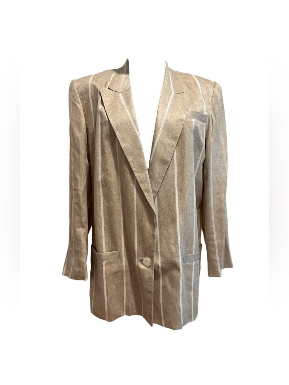 80s TAHARI LINEN NEUTRAL & WHITE STRIPE BOXY ONE BUTTON BLAZER QUIET LUXURY SZ 8 - Picture 3 of 6